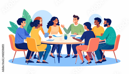 A diverse group of cheerful colleagues collaborating during a productive business meeting around a round table.
