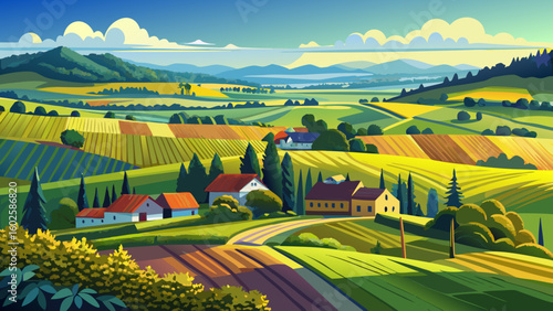 very Beautiful panorama of rural landscape. Field yellow and green in summer.
