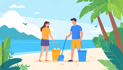 Young man and woman in casual attire cleaning a sandy beach with a broom and bucket.