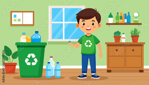 Smiling cartoon boy in a green recycling t-shirt holding a plastic bottle cap.