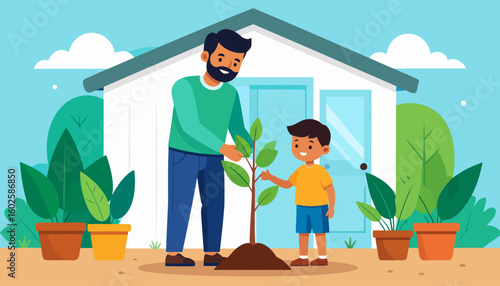 A caring father with a beard and his young son happily planting a tree sapling together.