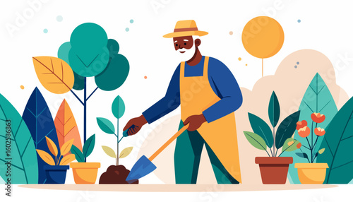 Elderly Black man with a white beard and hat planting a sapling with a trowel.