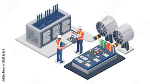 Isometric illustration of engineers inspecting a complex system with fans and server racks nearby