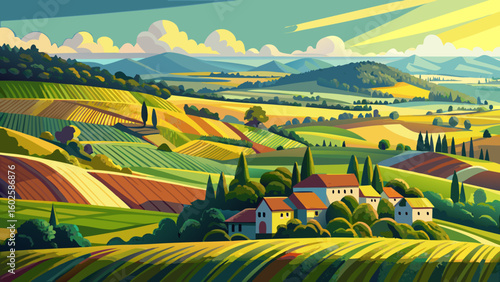 very Beautiful panorama of rural landscape. Field yellow and green in summer.