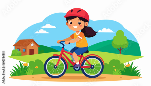 Cheerful cartoon girl with a ponytail and red helmet happily riding her red bicycle.