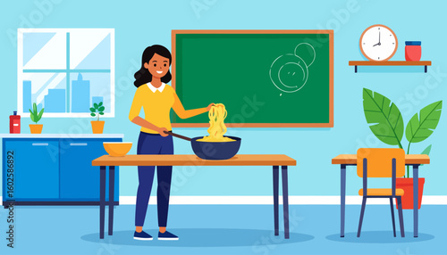 Cheerful woman with dark hair cooking noodles in a pan, wearing a yellow shirt.