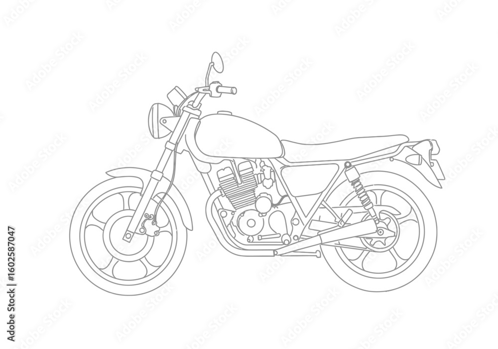 Obraz premium Street bike drawing. It is a black and white outline image of a street bike, a common motorcycle or motorbike designed for urban and road use. Vector sketch line art draw.