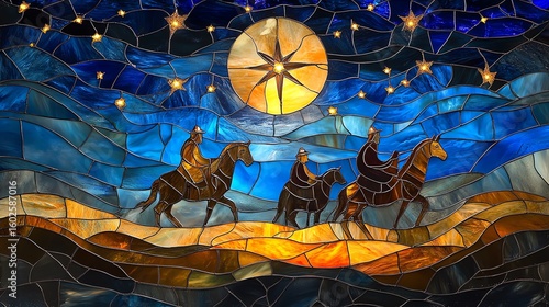 Vivid stained glass artwork showing the Three Kings on camels, guided by the Star of Bethlehem. A bold, spiritual Christmas scene—ideal for festive decor, cards, and religious content