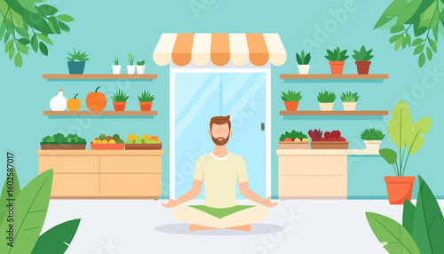 Serene bearded man in a yellow shirt meditating in a cross-legged yoga pose.