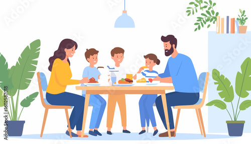 A joyful family with parents and three children gathered around the dining table, sharing a meal and enjoying quality time together in a modern home interior