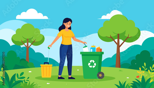 Smiling young woman in a yellow shirt sorting waste into a green recycling bin with a litter picker.