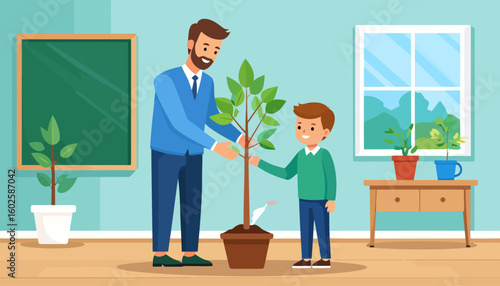 Smiling bearded father and young son happily planting a green sapling together in a pot.