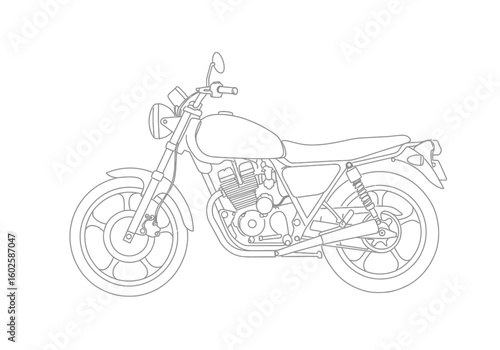 Street bike drawing. It is a black and white outline image of a street bike, a common motorcycle or motorbike designed for urban and road use. Vector sketch line art draw.