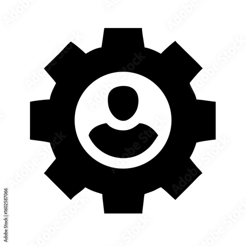 Gear with a person icon representing settings and customization options, person icon inside cogwheel. This gear with a person icon shows adjustments to settings for personalization.
