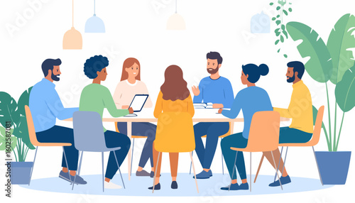 Flat vector illustration of a diverse team of seven colleagues collaborating around a long table during a business meeting.