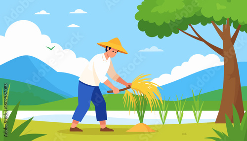 Illustration of a farmer in a yellow conical hat harvesting ripe golden rice stalks with a traditional tool.