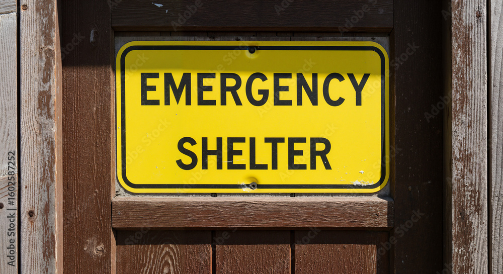 Fototapeta premium Emergency shelter sign displayed on wooden door in outdoor setting 