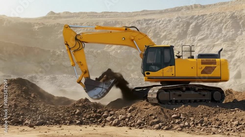 Wallpaper Mural Yellow excavator moving and digging dirt in an open pit mine or quarry with dust clouds, an industrial heavy machinery operation footage. Torontodigital.ca