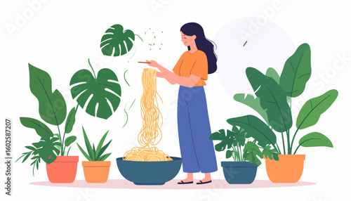 Content woman lifting noodles with chopsticks from a large bowl, surrounded by lush green houseplants.