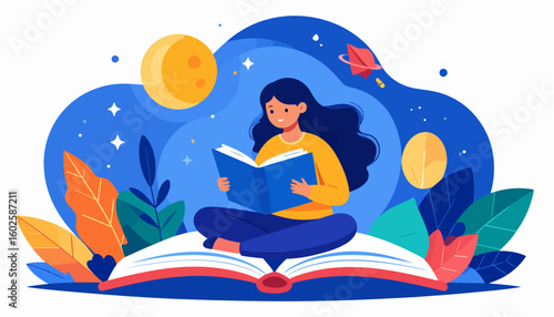 A young woman with dark hair sits cross-legged on a giant book, reading and imagining a cosmic adventure.
