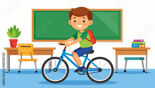 Happy cartoon schoolboy with a red backpack riding a bright blue bicycle.
