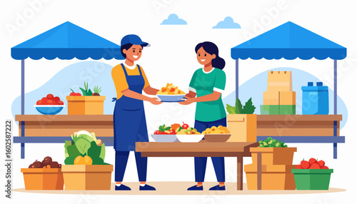 Friendly vendor serving a customer fresh food at a vibrant outdoor farmers market stall.