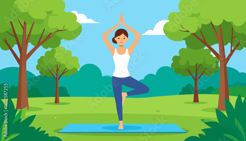 A serene woman with brown hair practicing the Vrikshasana tree yoga pose with hands joined above her head.