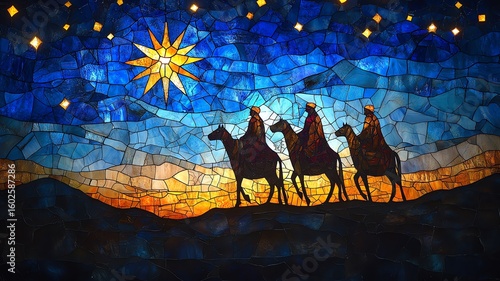 Stained glass-style image of the Three Wise Men on camels following the Star of Bethlehem, vibrant blues and golds, religious Christmas scene, perfect for holiday cards and spiritual themes.