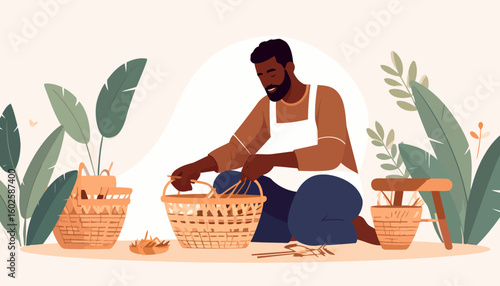 A focused Black man with a beard wearing an apron, crafting a handmade wicker basket.