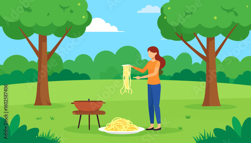 Cartoon woman with long red hair holding a large portion of spaghetti at an outdoor picnic with a grill.