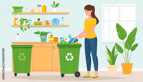 A young woman with brown hair in a ponytail, wearing a yellow shirt and jeans, sorting plastic waste into a green recycling bin.