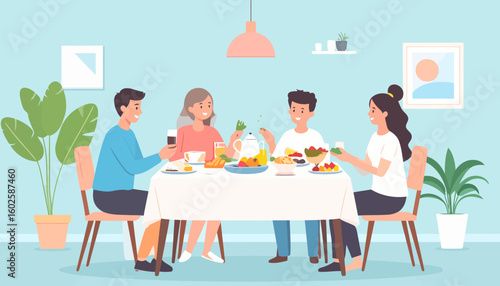 Cheerful group of four friends or family members enjoying a healthy meal together, sitting at a dining table and talking.