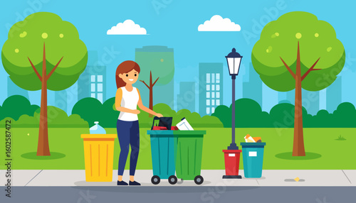 Smiling woman in a white tank top sorting trash into colorful recycling bins.
