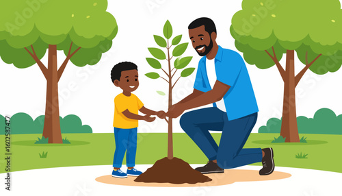 Smiling African American father and son planting a sapling together. The man is kneeling while the boy stands, both holding the young tree.