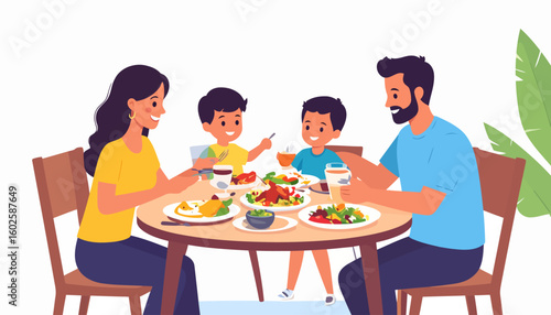 Happy family of four enjoying a healthy meal together at a round dining table.