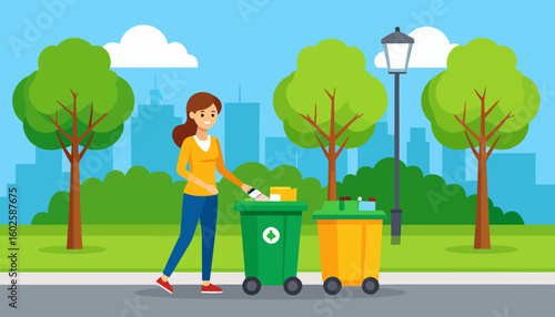 Smiling woman in an orange shirt and blue jeans recycling trash into a green bin with a recycling symbol.