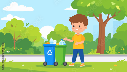 Smiling young boy with brown hair in an orange shirt sorting plastic bottles into blue and green recycling bins.