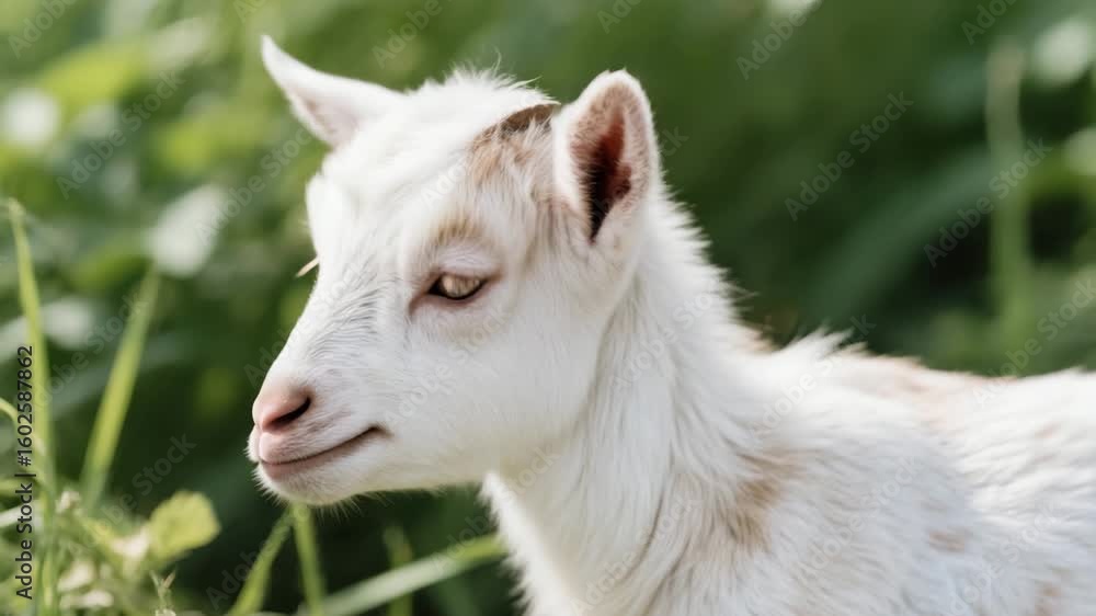 Close-up of a cute white baby goat with light brown markings standing in lush green grass. Young farm animal portrait in natural light. Gentle expression. Close-up of a cute white baby goat with light brown markings standing in lush green grass. Young farm animal portrait in natural light. Gentle expression.