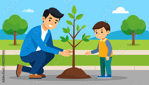 A smiling father and his young son planting a green tree sapling together.
