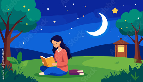 A serene young woman with long black hair, in an orange sweater, sits cross-legged while reading a book.