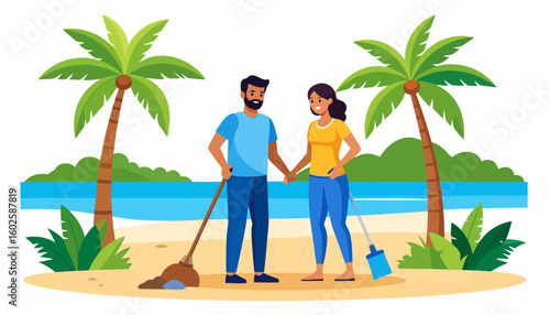 A happy couple holding hands while volunteering to clean up a polluted tropical beach together, using a broom and dustpan.
