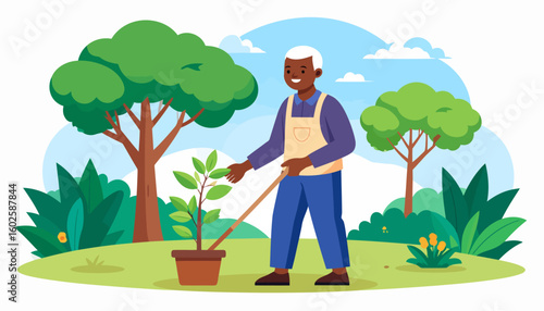 Smiling elderly Black man with white hair and an apron, gardening with a shovel and a potted plant.