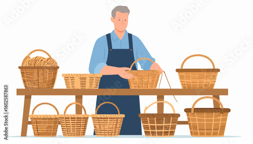 Elderly craftsman in a blue apron weaving a traditional wicker basket at his workshop stall.