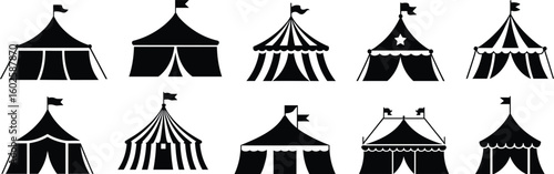 Circus tent silhouette vector set, big top carnival tent icons, festival fairground tent clipart, black graphic amusement illustrations