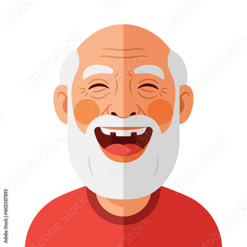 Laughing Older Man Portrait with White Beard and Red Shirt