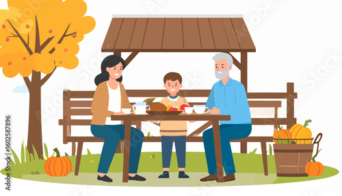 Happy family of grandparents and grandson enjoying an autumn picnic meal at a wooden table.