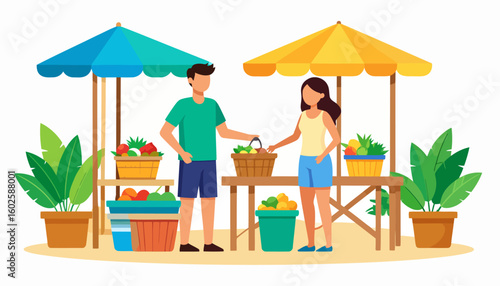 A young couple shopping for fresh fruit at a colorful outdoor farmers market stall.