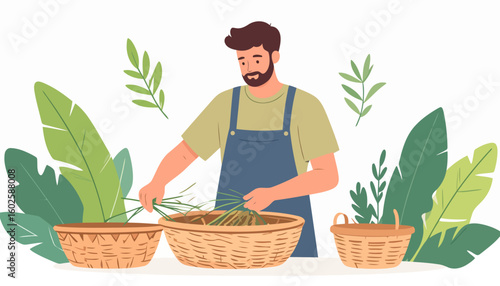 Bearded man in a blue apron sorting fresh green herbs into large wicker baskets.