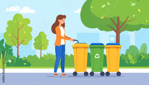 Smiling woman in an orange cardigan and blue jeans sorting waste into colorful recycling bins.