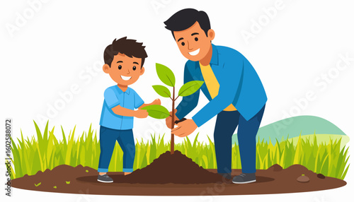 Cartoon illustration of a smiling father and son planting a green sapling in the soil.